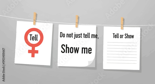 Three papers with text and symbols pinned on a clothesline