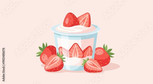 Sweet yogurt with fresh strawberries and creamy topping, healthy snack