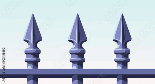 Three ornate blue spikes stand guard on a simple railing
