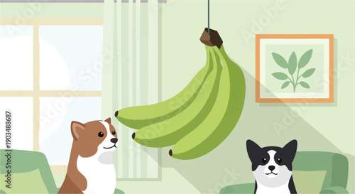Two dogs gaze at a bunch of green bananas hanging from the ceiling indoors