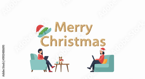 Two individuals and a dog celebrating Christmas remotely using laptops