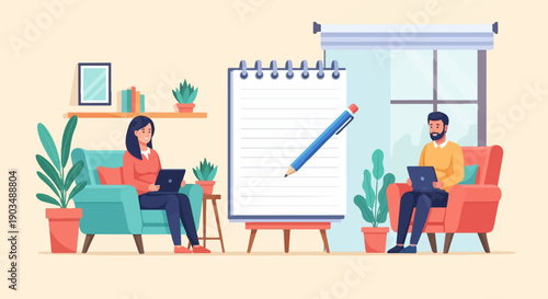 Two individuals work on laptops while relaxing in comfy armchairs