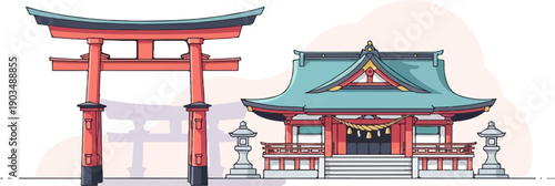 Stylized pixel art illustration of a traditional shrine and torii gate