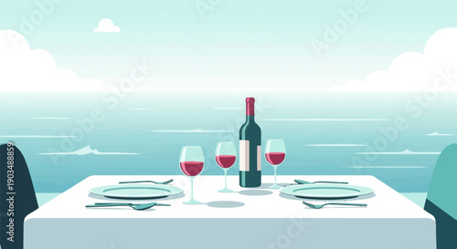 Table set for two by the sea, with wine glasses and a bottle