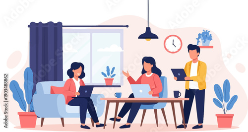 Three people work on laptops in a modern, brightly lit room