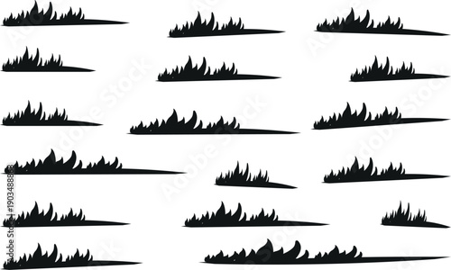 Collection of black silhouettes of grass tufts and blades on a white background, simple graphic elements