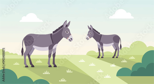 Two donkeys stand facing each other in a grassy field under a pale sky