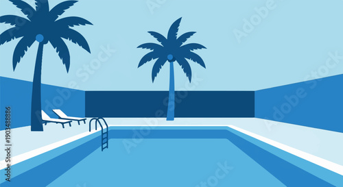 Tropical poolside with palm trees and lounge chairs under blue sky