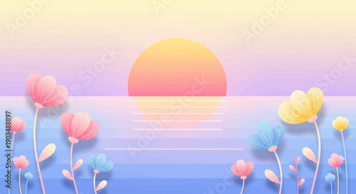 Stylized sunset over a serene sea with pastel flowers