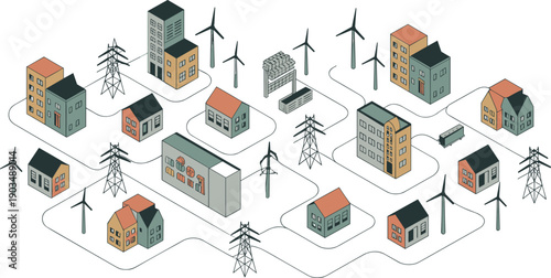smart city energy network illustration, renewable wind power grid, residential buildings electricity distribution, sustainable urban infrastructure infographic design concept