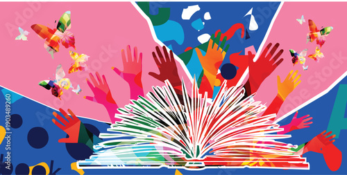 Abstract Open Book Collage with Raised Hands, Colorful Butterflies and Geometric Shapes on Vibrant Blue and Pink Background