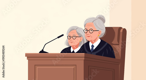 Two elderly female judges preside over court, one wearing glasses
