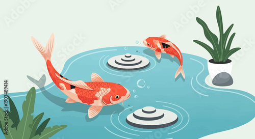 Two koi fish swim in a blue pond with lily pads and a potted plant