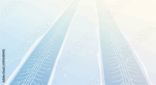 Stylized tire tracks in pale blue and yellow on a snowy surface