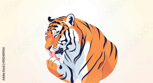 Stylized tiger with tongue out grooming its paw
