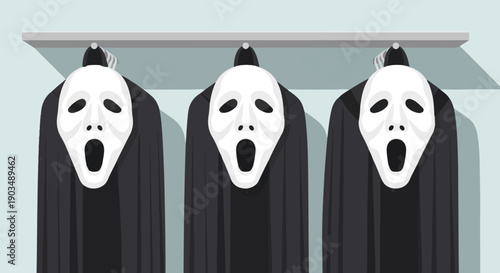 Three blank, white, screaming masks hang on hooks