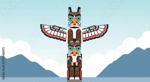 Stylized totem pole with eagle and raven figures in a serene mountain landscape
