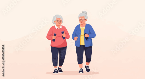 Two elderly women in athletic wear are exercising outdoors with dumbbells