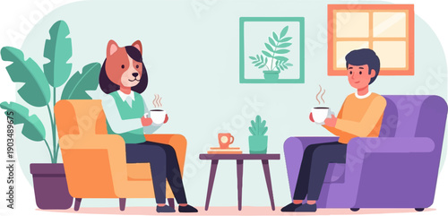 Two figures, one anthropomorphic dog, enjoy beverages in a cozy indoor setting