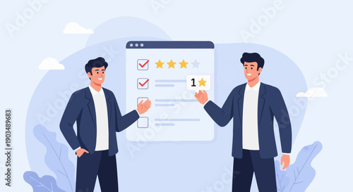Two men analyze a review form with stars, checkmarks, and a one-star rating