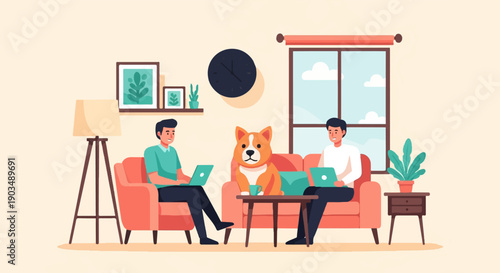 Two men and a dog work on laptops in a cozy living room
