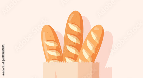 Three freshly baked loaves of bread in a paper bag