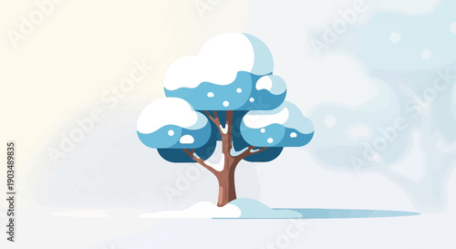 Stylized tree with snow-covered blue foliage and brown trunk in winter