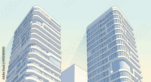 Two modern curved residential towers against a soft sky