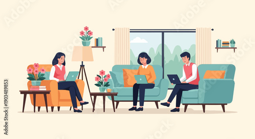 Three people work on laptops in a cozy living room with plants