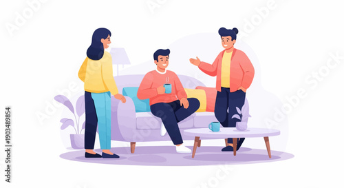 Three friends chatting and enjoying drinks in a comfortable living room setting