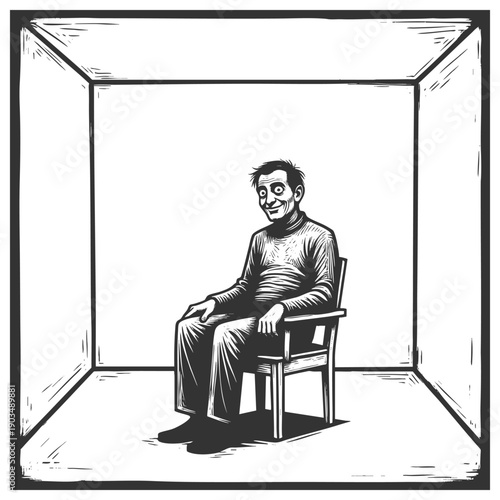 disheveled man with a strained smile sitting on a chair in an empty, boxed room sketch engraving generative ai fictional character vector illustration. Scratch board imitation. Black and white image.