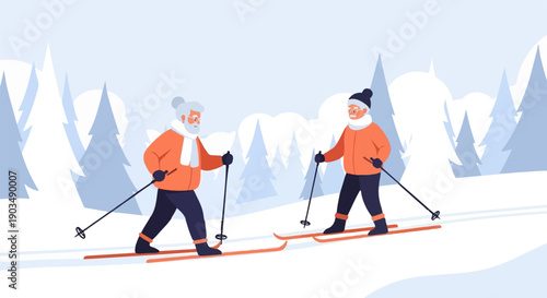 Two older individuals enjoy a snowy day skiing through a winter forest