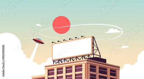 Stylized urban building with a blank billboard and a flying saucer