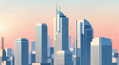 Stylized urban cityscape with modern skyscrapers against a soft, hazy pink sky