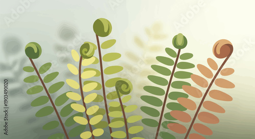 Stylized unfurling fern fronds in muted green, yellow, and orange hues