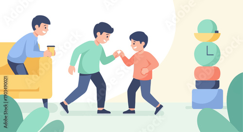 Two boys giving each other a high five, another boy sitting on a couch with a drink