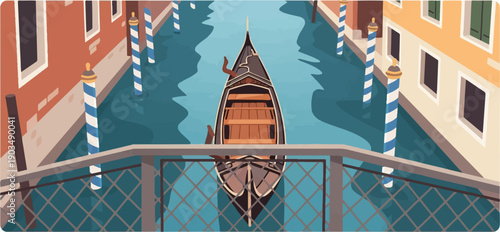 Stylized view of a gondola gliding down a Venetian canal