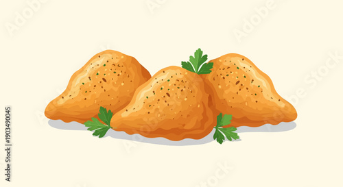 Three golden fried chicken pieces garnished with parsley