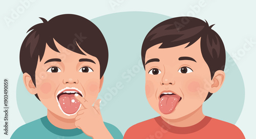 Two boys showing their tongues, one with foamy mouth, the other with dots