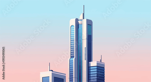 Tall, sleek futuristic skyscrapers pierce a soft, gradient sky