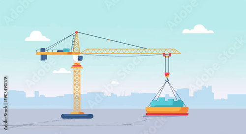 Tall tower crane lifts building materials across an urban skyline