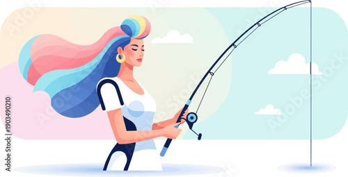 Stylized woman with colorful hair fishing in calm water under clouds