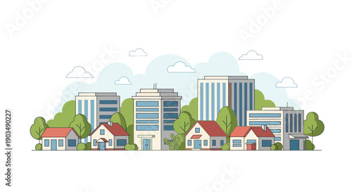 Flat illustration of a modern city skyline with residential houses and office buildings.