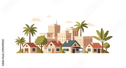 Charming Suburban Neighborhood with Palm Trees and City Skyline