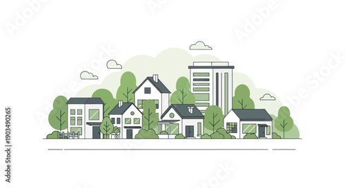 Modern suburban neighborhood with diverse houses, trees, and a tall building.