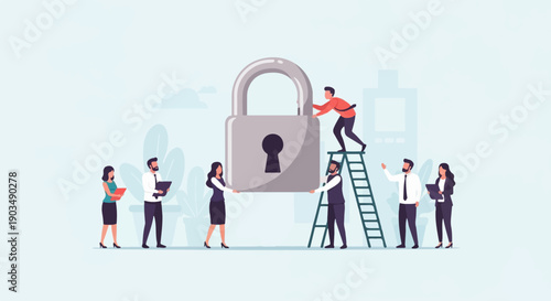 Team secures large padlock using ladder, teamwork, and communication