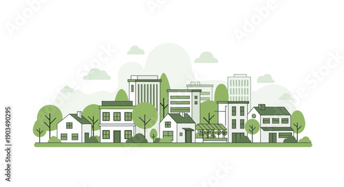Green Cityscape Illustration with Modern Buildings and Houses, Trees, and Clouds
