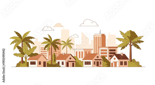 Flat illustration of houses and palm trees with city skyline background