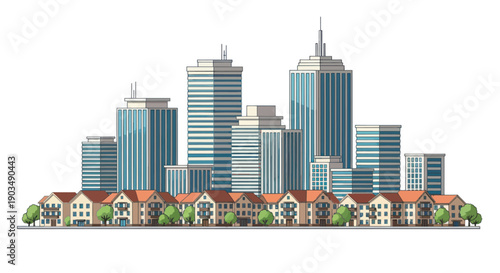 Modern Cityscape with Residential Neighborhood and Tall Skyscrapers