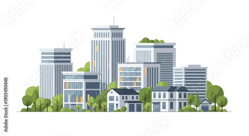 Modern Cityscape with Skyscrapers and Residential Buildings Surrounded by Green Trees